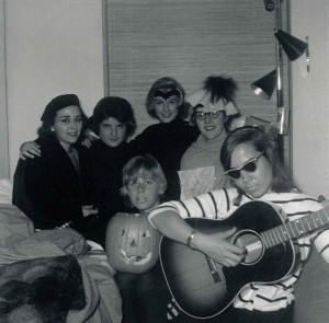 Halloween in Noyes Hall, 1960. Pictured: Barbara Reynolds Wiener ‘64 (in the beret), Carol Marchand Hope ‘64 (in the lamp shade), Margaret McCurry '64, Susan Strome ‘64, Jane Baum Rodbell ’64 (holding the pumpkin), and Naomi Ware ‘64 (with the guitar).